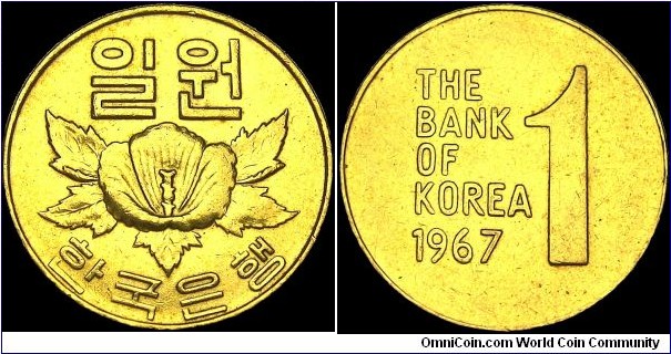 Korea - 1 Won - 1967 - Weight 1,7 gr - Brass - Size 17,2 mm - Thickness 1,14 mm - Alignment Coin (180°) - Note Obverse / Rose of Sharon (Hibiscus syriacus / South Korea national flower) - Edge : Smooth - Mintage 48 500 000 - Reference KM# 4 (1966-67)