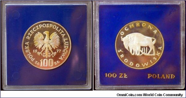 Poland 100 zlotych.
1977, Environment Protection - European bison. Ag 625. Weight; 16,5g. Diameter; 32mm. Proof.