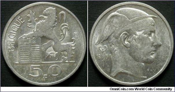 Belgium 50 francs.
1951, Mercury. French legend (Belgique) Ag 835. Weight; 12,5g. Diameter; 30mm.
Mintage: 2.904.000 units.