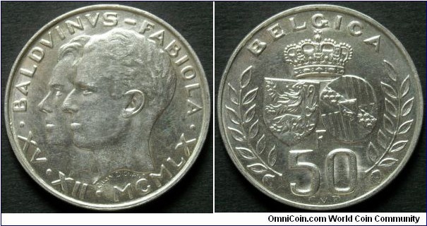 Belgium 50 francs.
1960, Royal Marriage. King Baudouin I and Queen Fabiola. Ag 835. Weight; 12,5g. Diameter; 29mm. Reeded edge. Mintage: 500.000 units.