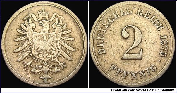 Germany - German Empire (1871-1918) - 2 Pfennig - 1875 - Weight 3,333 gr - Bronze - Size 20 mm - Thickness 1,5 mm - Alignment Medal (0°) - Emperor / Wilhelm I (1871-1888) - Edge : Smooth - Mintage 1875G 11 903 000 - Reference KM# 2 (1873-77)