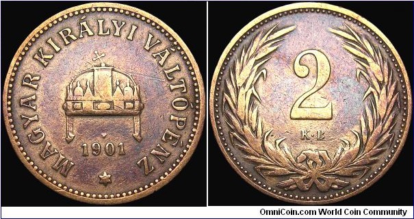 Hungary - 2 Filler - 1901 - Weight 4,0 gr - Bronze - Size 19 mm - Thickness 1,0 mm - Alignment Medal (0°) - Ruler / Franz Joseph I (1867-1916) - Edge : Smooth - Mintage 25 805 000 - Reference KM# 481 (1892-1915) 
