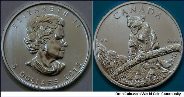 Mountain Lion, 2012 Canada Wildlife series bullion coin ($5). Ag