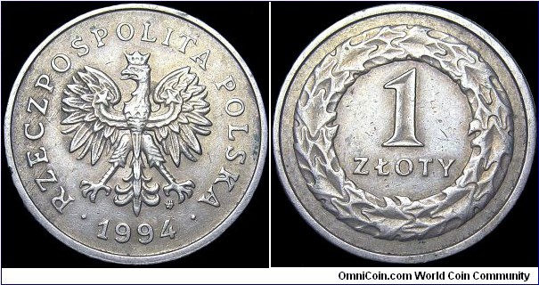 Poland - 1 Zloty - 1994 - Weight 5,1 gr - Copper-nickel - Size 22,8 mm - Thickness 1,6 mm - Alignment Medal (0°) - Engraver Reverse / St. Watróbska-Frindt - Edge : Milled - Mintage 69 950 000 - Reference Y# 282 (1990-2010)