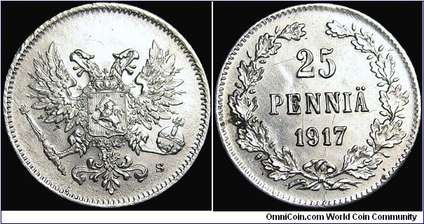 Finland - 25 Pennia - 1917 - Weight 1,2747 gr - Silvercoin Ag 0,750 - Size 16 mm - Alignment Medal (0°) - Ruler / Nikolai II (1894-1917) - Edge : Reeded - Mintage 2 310 000 - Reference KM# 19 (1917)
