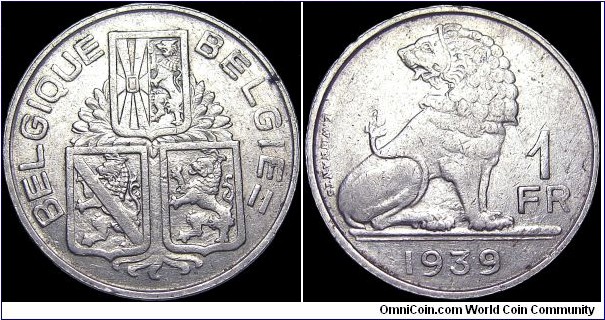 Belgium - 1 Franc - 1939 - Weight 4,5 gr - Nickel - Size 21,5 mm - Thickness 1,65 mm - Alignment Coin (180°) - Engraver Reverse / E. Wijnants - Edge : Reeded - Mintage 46 865 000 - Reference KM# 119 (1939-40)