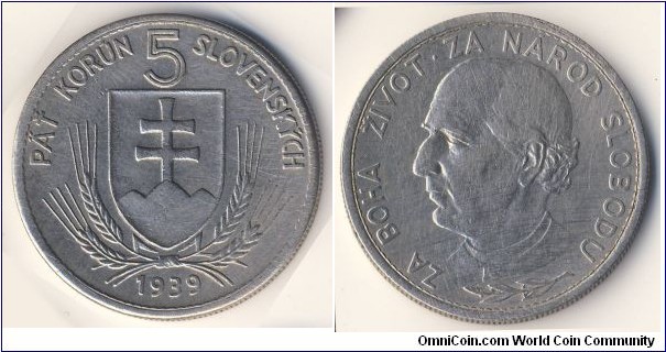 5 Korun (1st Slovak Republic - Client State of Nazi Germany // Nickel 8g)