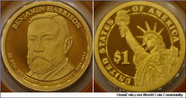 Benjamin Harrison, 23rd President. Grandson of former President William Henry Harrison. Signed the Sherman Anti-Trust Act, the first federal attempt to regulate trusts. (ref. usmint.gov)
