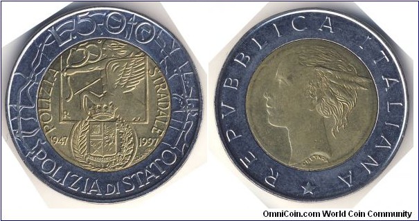 500 Lire (Italian Republic / 50th Anniversary of the Italian Traffic Police // Bimetallic: Bronzital centre - Acmonital ring)