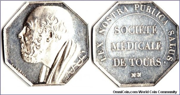 Undated silver jeton issued for the Medical Society of Tours, circa 1832 (lampe antique mint mark on edge). Obverse `Hippocrates' by Dubois.