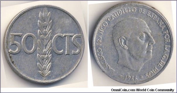 50 Centimos (Francoist Spanish State / Francisco Franco Caudillo de Espana // Aluminium)