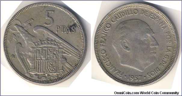 5 Pesetas (Francoist Spanish State / Francisco Franco Caudillo de Espana / 1963 Issue // Copper-Nickel 75/25)