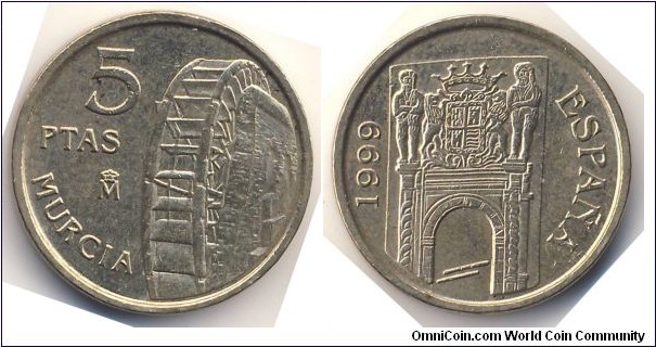 5 Pesetas (Kingdom of Spain / King Juan Carlos I / Autonomous communities of Spain – Murcia // Aluminium-Bronze)