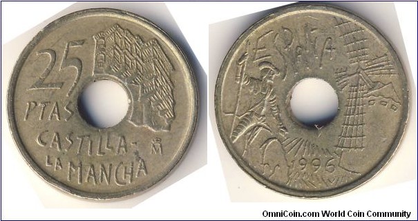 25 Pesetas (Kingdom of Spain / King Juan Carlos I / Autonomous communities of Spain – Castile-La Mancha // Aluminium-Bronze)