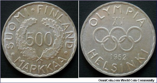 Finland 500 markkaa.
1952, Olympic Games - Helsinki 1952. First Modern Olympic coin. Ag 500. Weight; 12g. Diameter; 32mm. Mintage: 500.000 units.
