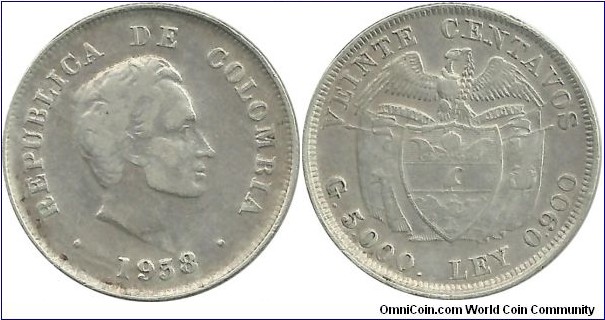 Colombia 20 Centavos 1938