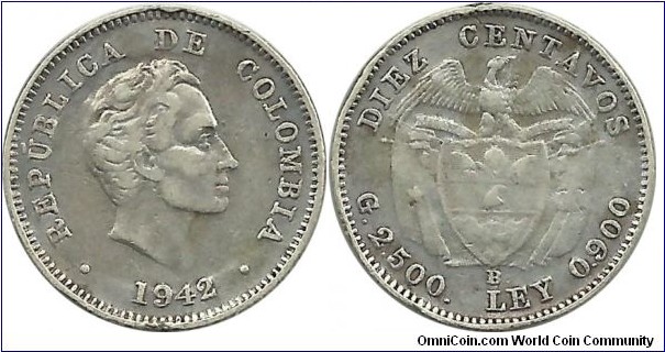 Colombia 10 Centavos 1942B