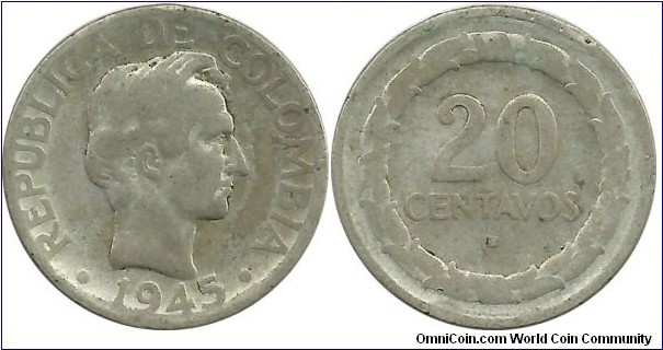 Colombia 20 Centavos 1945B