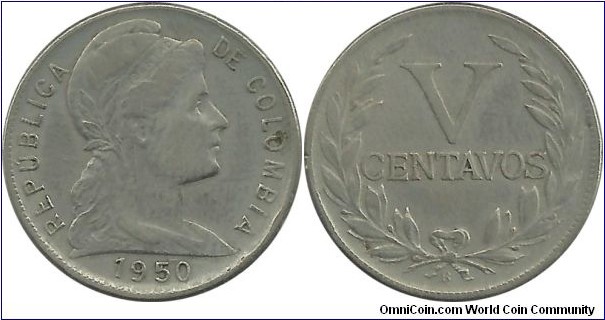 Colombia 5 Centavos 1950B