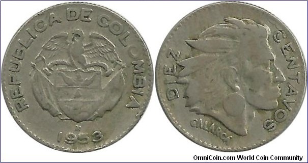 Colombia 10 Centavos 1953B