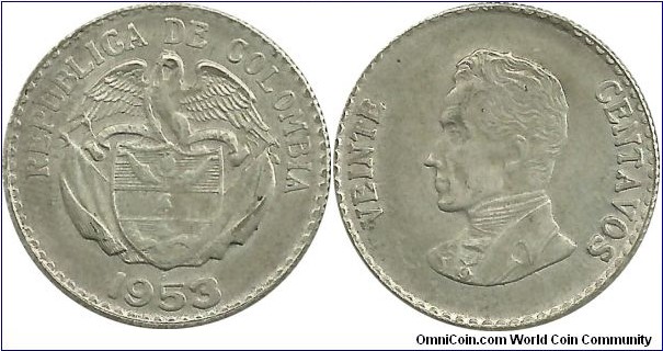 Colombia 20 Centavos 1953 - Bust of Simon Bolivar