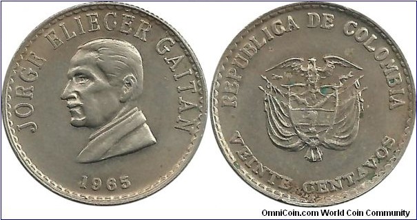 Colombia 20 Centavos 1965 - Jorge Eliécer Gaitán Ayala (January 23, 1903 – April 9, 1948) was a politician, a leader of a populist movement in Colombia.He was assassinated during his second presidential campaign in 1948