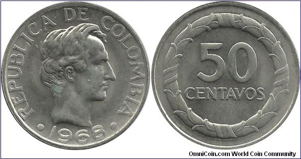 Colombia 50 Centavos 1968 - Francisco José de Paula Santander y Omaña (Villa del Rosario de Cúcuta, Colombia, April 2, 1792 – Santafé de Bogotá, Colombia, May 6, 1840), was a Colombian military and political leader during the 1810–1819 independence war of the United Provinces of New Granada (present-day Colombia)