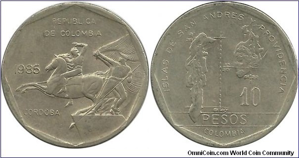 Colombia 10 Pesos 1985 - Colombian islands: San Andres and Providencia