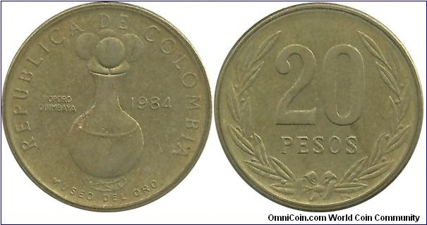 Colombia 20 Pesos 1984 -  Poporo Quimbaya; Museo del Oro
