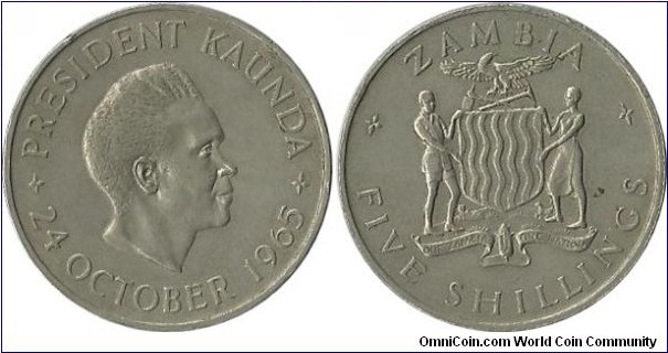 Zambia 5 Shillings 1965 - On 24 October 1964, the country declared independence from the United Kingdom.
