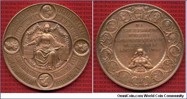 1856 Austria Empire Franz Josef Medal Commemorating the 32nd Assembly of German Natural Scientists & Physicians in Wien by C. Radnitzky. Bronze 69MM./136.3 gm.Obv: VEREINTE KRAFT DURCH RÖMERGRÖSSE DURCH FROMMEN SINN DURCH MAJESAET MIT/IHR NEUES LEBEN FEST BEGRÜNDET MIT GOTT VERBÜNDET GLANZ UMGEBEN, civic deity seated facing on throne, resting hands upon two shields; garland around; in outer legend, four medallions with busts left of Marcus Aurelius and Heinrich II, and right of Leopold I and Franz Josef. Rev: DER/XXXII VERSAMMLUNG/DEUTSCHER/NATURFORSCHER U : AERTZE/DIE STADT WIEN/MDCCC LV in six lines; half-length bust of many-breasted female below; around, floral scroll containing various images of fauna.
