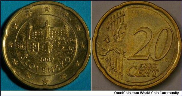 20 Euro cent, featuring Bratislava castle. (http://www.ecb.europa.eu/euro/coins/html/sk.en.html) 22mm, Nordic gold