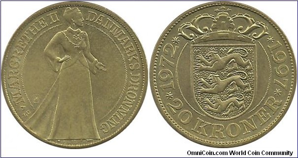 Denmark 20 Kroner 1997-Queen Margrethe's silver jubilee