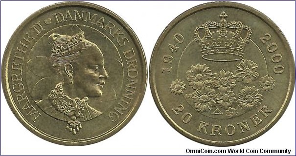 Denmark 20 Kroner 2000-Her Majesty Queen Margrethe II's 60th birthday