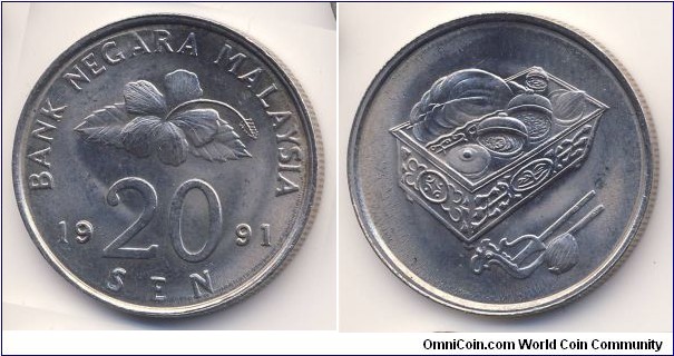 20 Sen (Malaysia - Federal elective constitutional monarchy / Supreme Head of the Federation - Azlan Shah of Perak // Copper-Nickel)