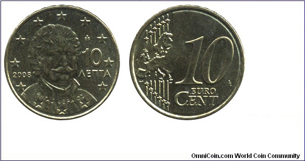 Greece, 10 cents, 2008, Cu-Al-Zn-Sn, 19.25mm, 4.00g, Obverse: Rigas Feraios, complete Europe map.