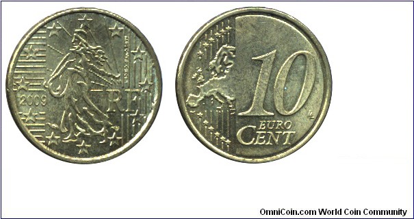 France, 10 cents, 2009, Cu-Al-Zn-Sn, 19.75mm, 4.10g, Complete Europe Map.