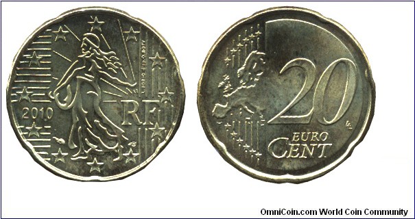 France, 20 cents, 2010, Cu-Al-Zn-Sn, 22.25mm, 5.74g, Complete Europe map.