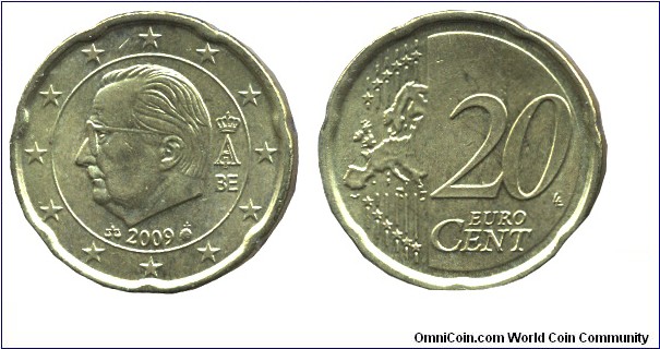 Belgium, 20 cents, 2009, Cu-Al-Zn-Sn, 22.25mm, 5.74g, King Albert II, Complete Europe map.