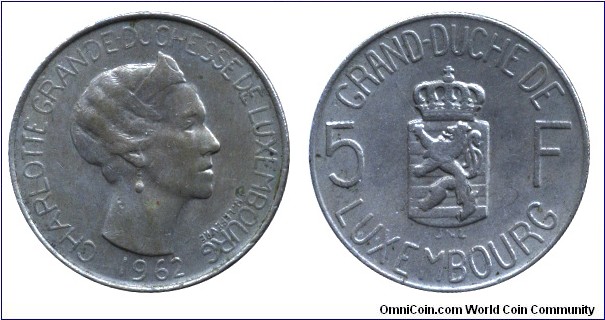 Luxembourg, 5 francs, 1962, Cu-Ni, 6.74g, Grand Duchess Charlotte.