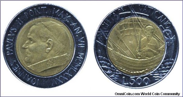 Vatican City, 500 liras, 1985, Steel-Al-B, 25.8mm, 6.8g, Pope John-Paul II, St. Paul sailing.