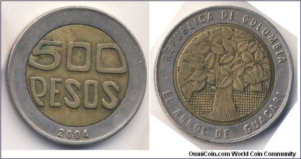 500 Pesos (Republic of Colombia // Bimetallic: Aluminium-Bronze centre / Nickel Brass ring)