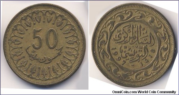 50 Milliemes (Republic of Tunisia // Brass 6g)