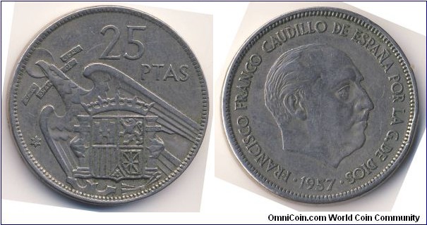 25 Pesetas (Francoist Spanish State / Francisco Franco Caudillo de Espana / 1964 Issue // Copper-Nickel 75/25) 