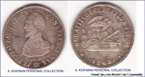 Fonrobert.9652, Bolivia 1863 2 sol size proclamation medal; silver, reeded edge; Obverse Legend: GRATITUD DEL PUEBLO DE POTOSI . 1863 . Reverse Legend: * AL RESTAURADr. Dl. ORDEN CONSTITUCIONAL J. J. M. DE ACHA (in script), extra fine