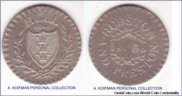 1811 Great Britain Kingston on Hull 1s 6d silver token; silver, slant reeded edge; good very fine or higher.