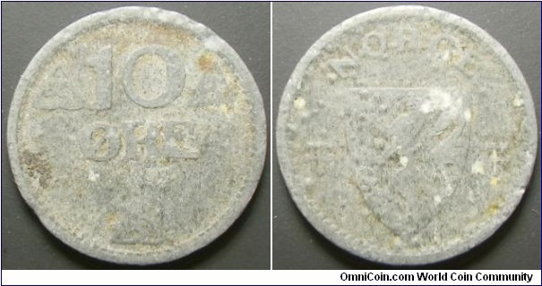 Norway 1942 10 ore. Poor grade zinc. Special thanks to Litotes. 