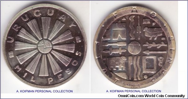 KM-55, 1969 Uruguay 1000 pesos proof, Santiago mint (So mintmark); silver, lettered edge; discolored but distinctively proof, scarce mintage of 350 pieces listed.