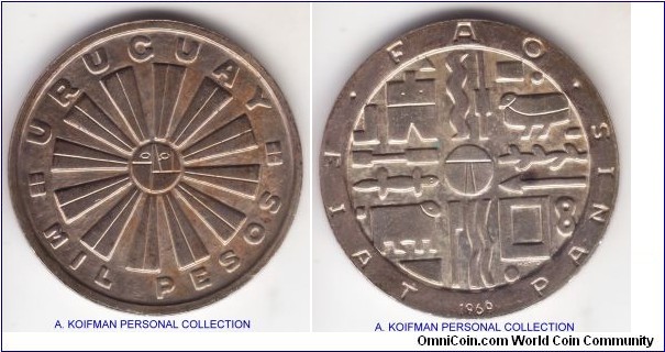KM-55, 1969 Uruguay 1000 pesos, Santiago mint (So mintmark); silver, lettered edge 