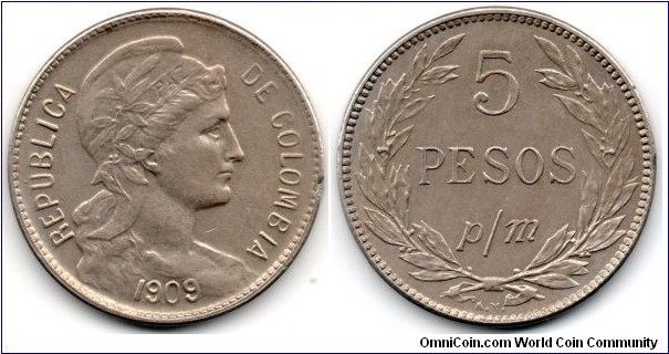 COLOMBIA COIN 5 PESOS INFLACTIONARY COINAGE 1909-SCARCE info: atticmarket@gmail.com